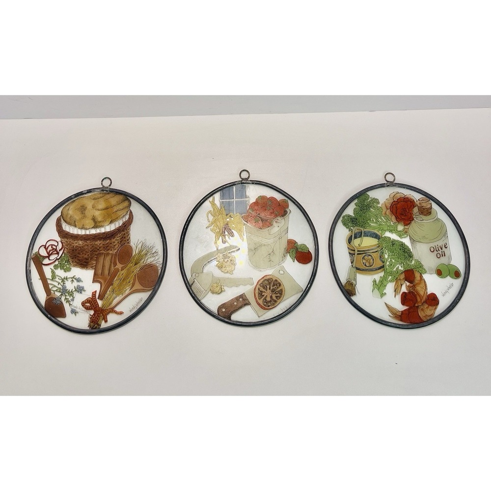 Vtg Leaded Glass Kitchen Theme Suncatcher Wendy Wheeler- Lot of 3 - CottageCore